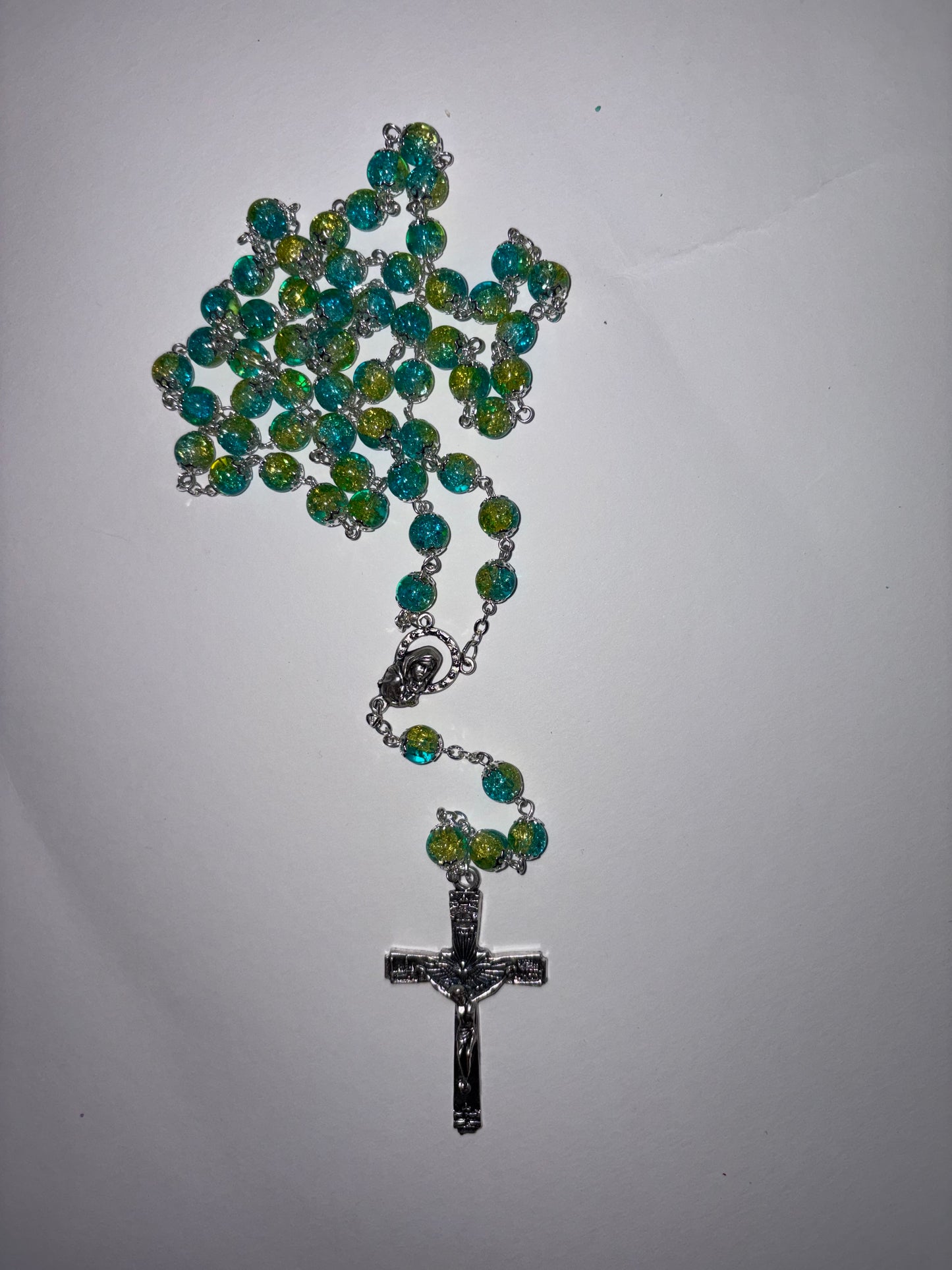 Rosario vetro e argento colore verde e azzurro