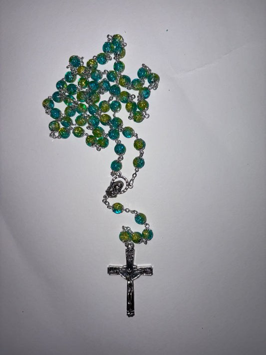 Rosario vetro e argento colore verde e azzurro